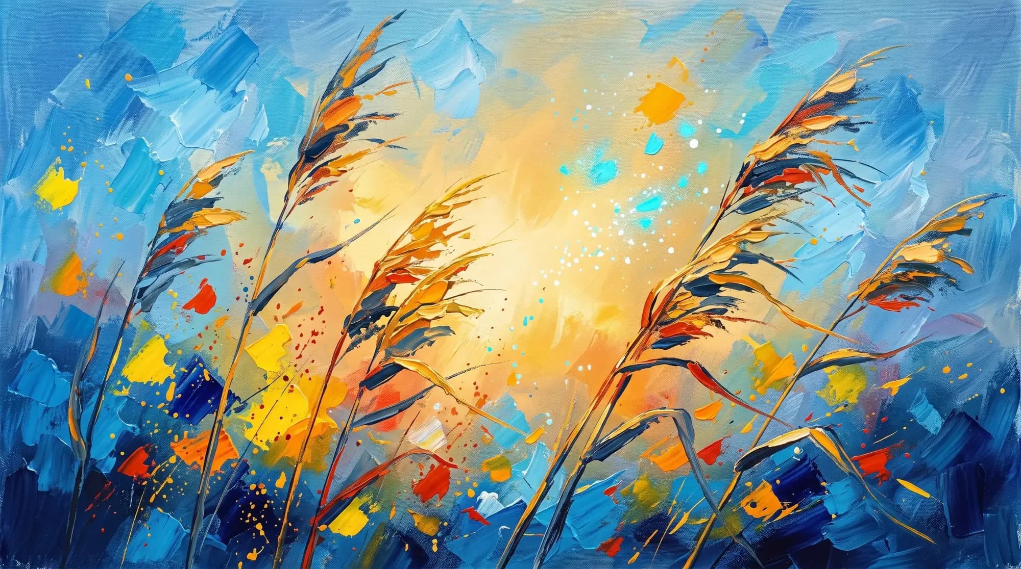 Gemälde: goldene Gräser, die sich im Wind biegen, vor blauem Himmel mit warmem Licht
